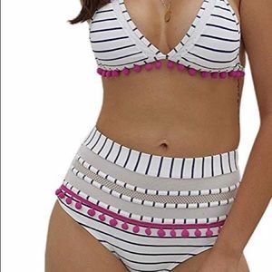 Annigo Striped Halter Tassel Pom Bikini Set-S NWT